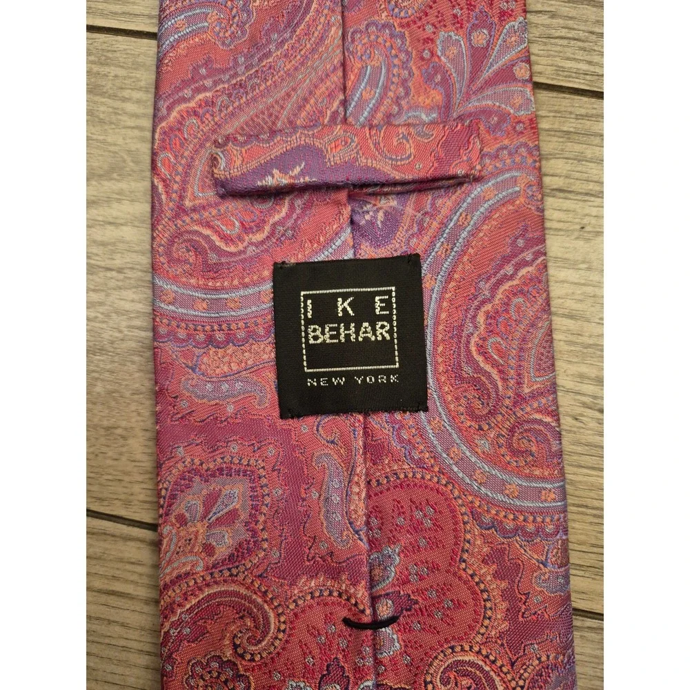 Ike Behar New York Mens Pink Purple Orange Paisley Abstract Woven Silk Tie EUC‎